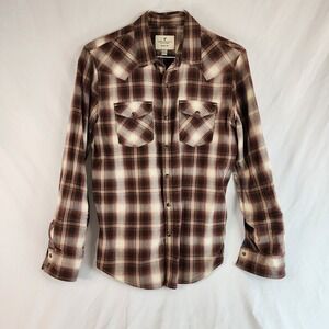 American Eagle Shirt Men's M Brown Plaid Pearl Snap Long Sleeve Western Rodeo